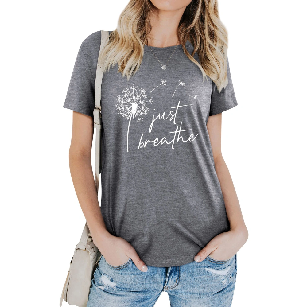 Short Sleeved Blouse Round Neck Letter Printed Fashionable Elegant Casual Short Sleeved Blouse Dark Gray (White Font) M