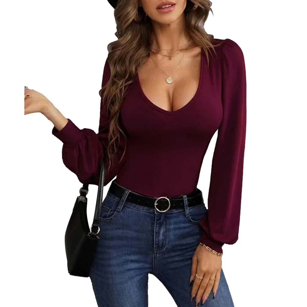 Knitted Sweatshirt Scoop Neck Lantern Long Sleeved Slim Fit Fashionable Women Knitted Sweatshirt Dark Red M