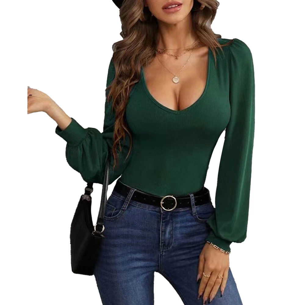 Knitted Sweatshirt Scoop Neck Lantern Long Sleeved Slim Fit Fashionable Women Knitted Sweatshirt Green M