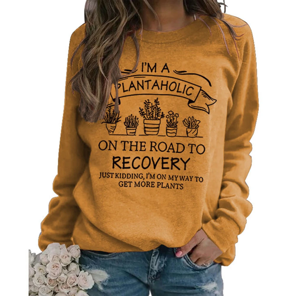 Women Casual Sweatshirt Printed Decoration Long Sleeve Crew Neck Polyester Top for All Seasons Yellow Top Black Words XL