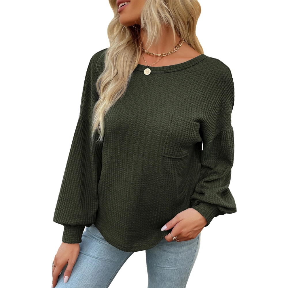 Women Tee Top Lantern Sleeves Criss Cross V Back Front Crewneck Pure Color Pullover Shirt for Lady Female with Chest Pocket OD Green L