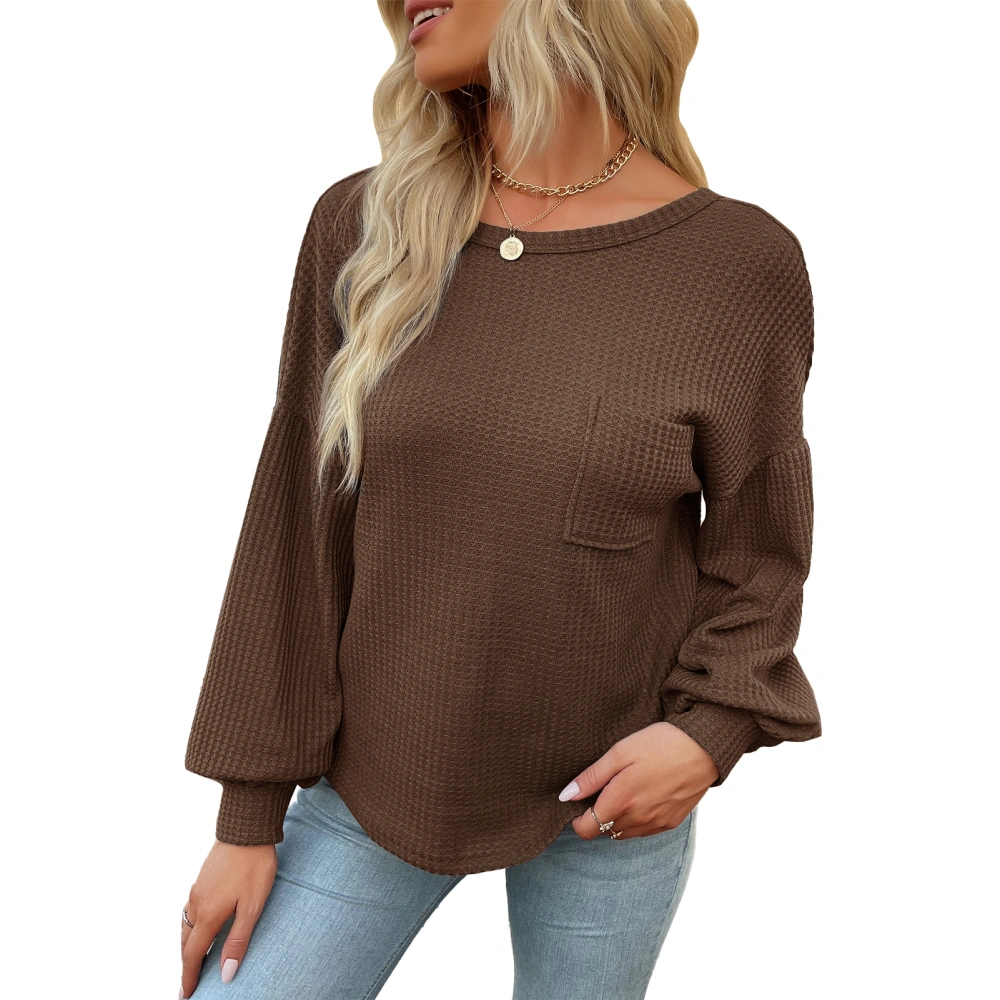 Women Tee Top Lantern Sleeves Criss Cross V Back Front Crewneck Pure Color Pullover Shirt for Lady Female with Chest Pocket Coffee Brown M