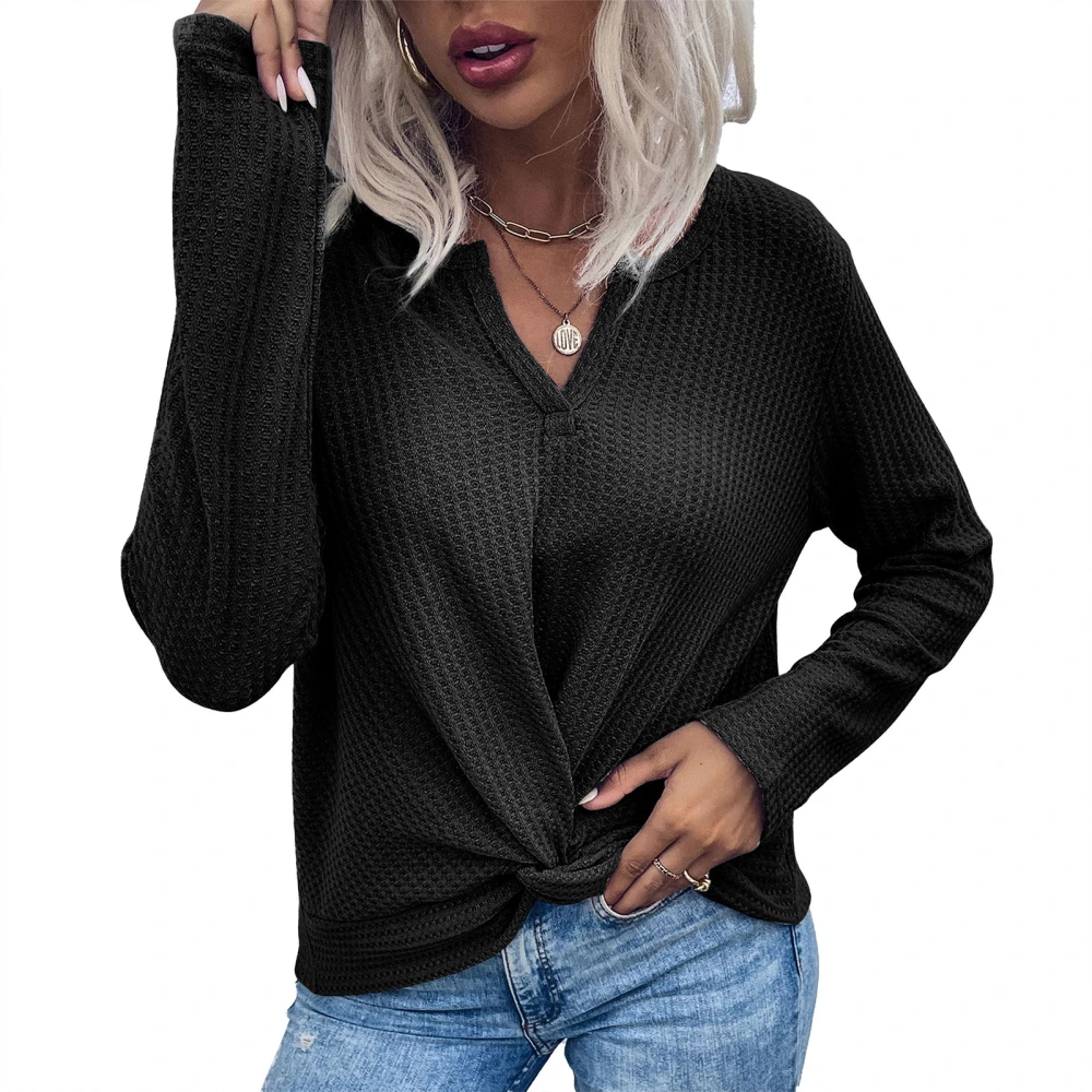 Women Top Knitted Twist Hem Long Sleeve Pure Color Casual V Neck Loose Fall Pullover Black L