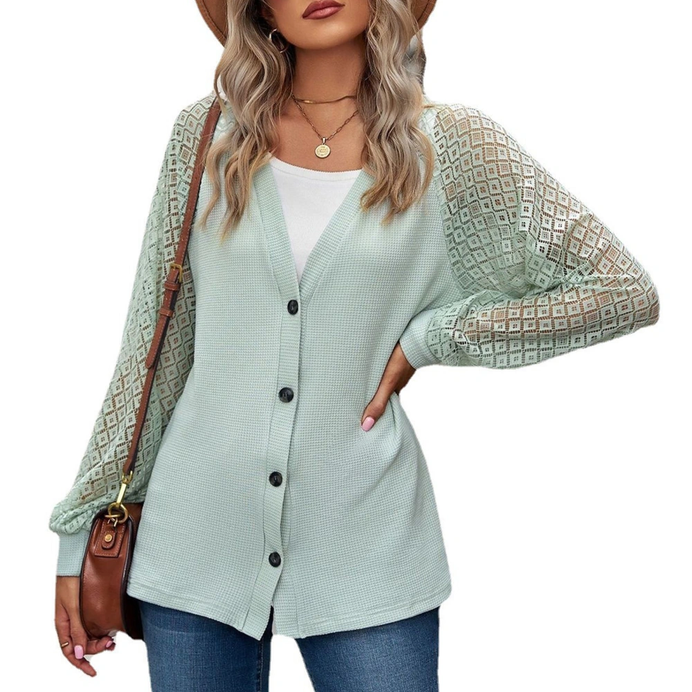 Women V Neck Outwear Top Lace Splicing Long Sleeves Single Breasted Closure Pure Color Casual Surcoat Pea Green XXL