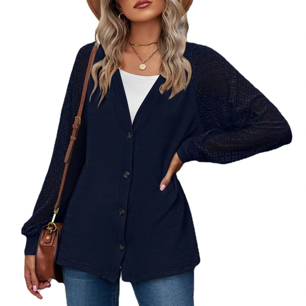 Women V Neck Outwear Top Lace Splicing Long Sleeves Single Breasted Closure Pure Color Casual Surcoat Navy Blue XL