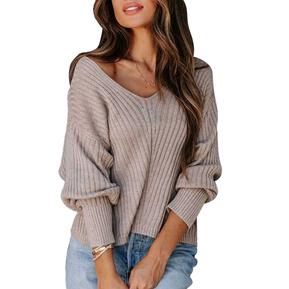 Women V Neck Loose Casual Sweater Fashionable Pure Color Long Sleeve Knit Sweater for Autumn Winter Khaki L