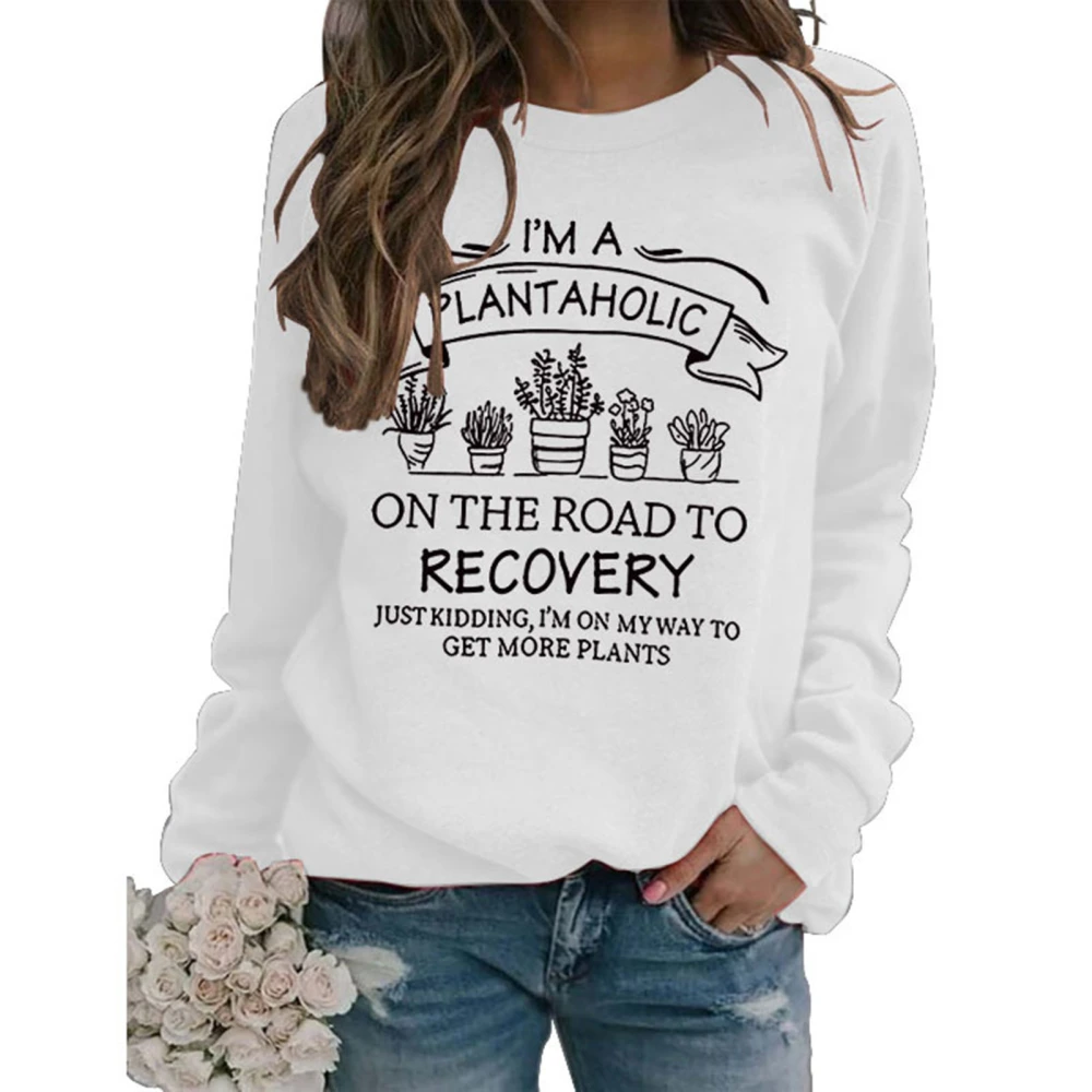 Women Casual Sweatshirt Printed Decoration Long Sleeve Crew Neck Polyester Top for All Seasons White Top Black Words L