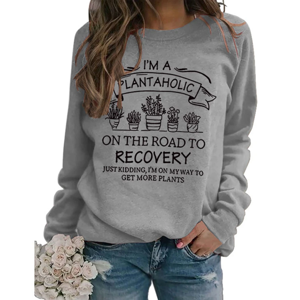 Women Casual Sweatshirt Printed Decoration Long Sleeve Crew Neck Polyester Top for All Seasons Grey Top Black Words L