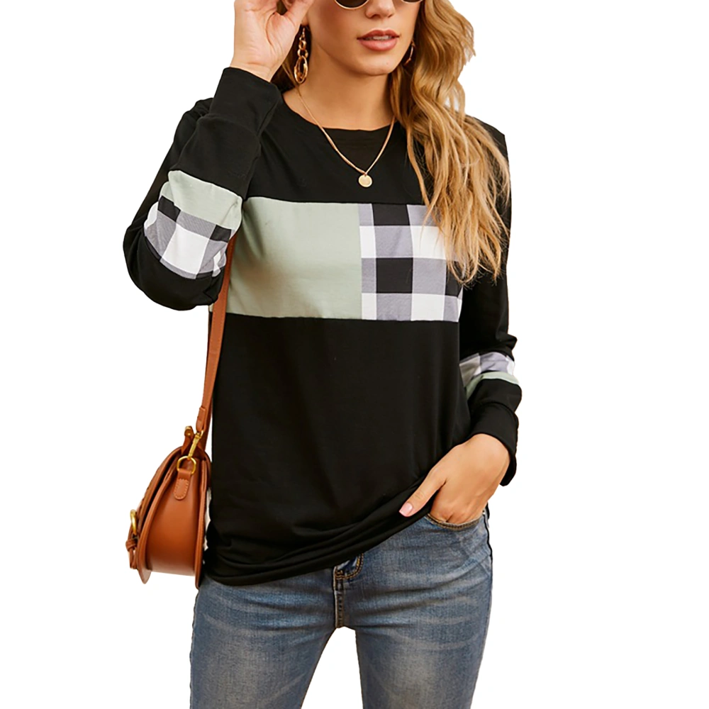 Women Long Sleeved T Shirt Crew Neck Plaid Patchwork Tight Cuffs Loose Pullover Shirt Sweatshirt for Party Work Travel White Plaid XL