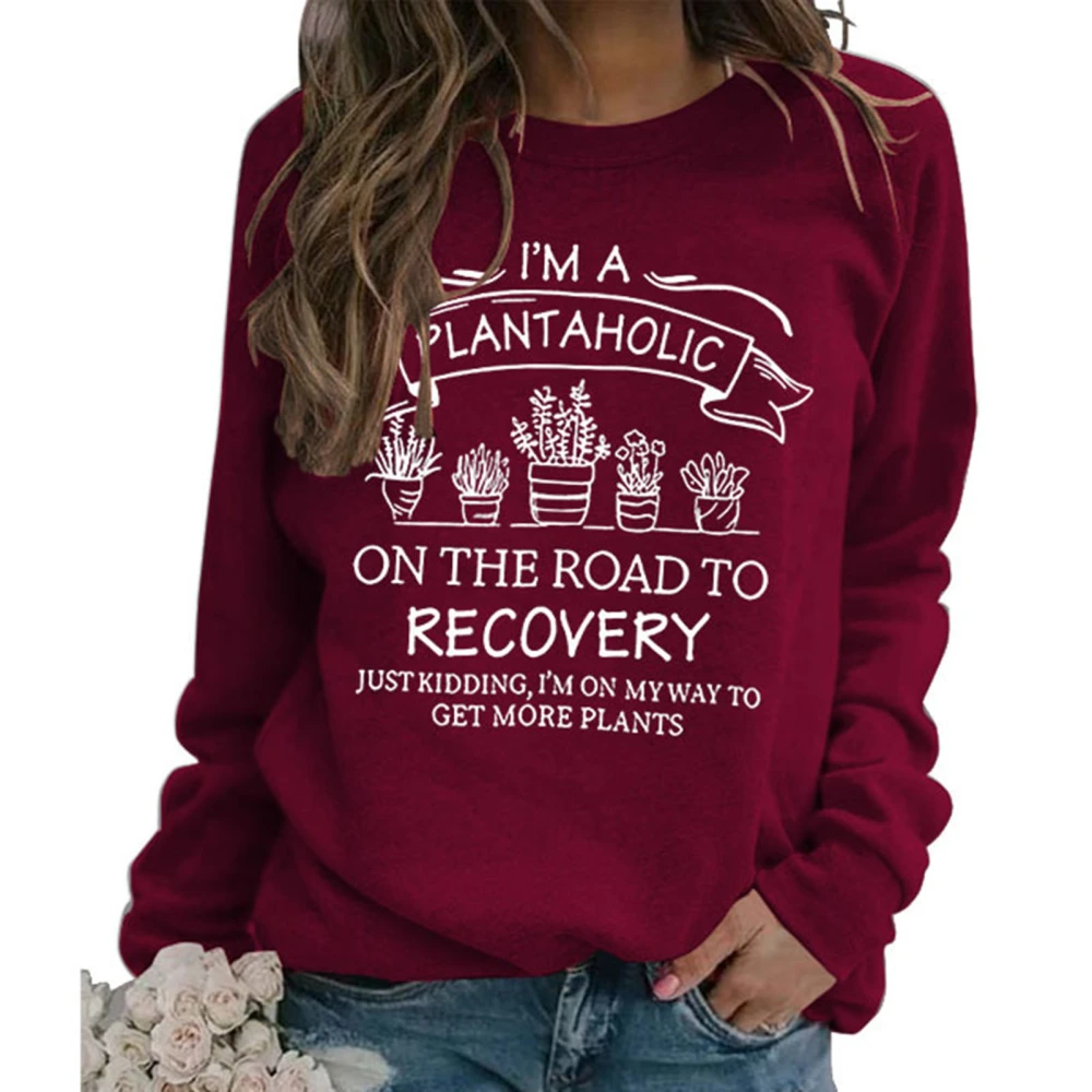 Women Casual Sweatshirt Printed Decoration Long Sleeve Crew Neck Polyester Top for All Seasons Wine Red Top White Words XL