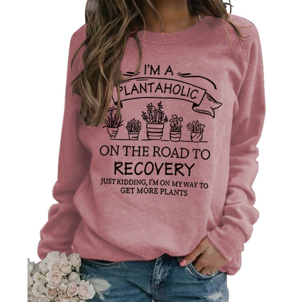 Women Casual Sweatshirt Printed Decoration Long Sleeve Crew Neck Polyester Top for All Seasons Rose Gold Top Black Words XL