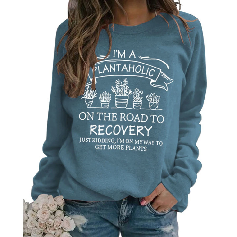 Women Casual Sweatshirt Printed Decoration Long Sleeve Crew Neck Polyester Top for All Seasons Blue Top White Words L