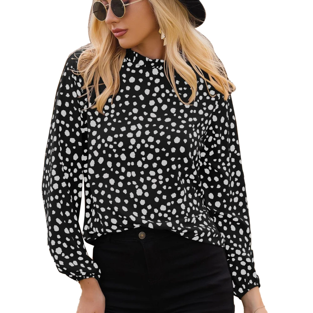 Women Blouse Fashion Polka Dot Round Neck Long Sleeve Frill Trim Polyester Top Clothing Black XS