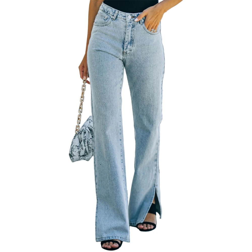 Vintage Split Trousers with Two Pockets Classic Simple Retro Slim Side Split Pants for Women Light Blue L