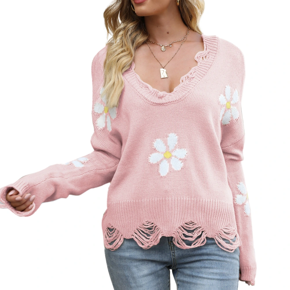 Drop Shoulder Sweater Floral Print Long Sleeve Loose Casual V Neck Sweater for Women Pink M