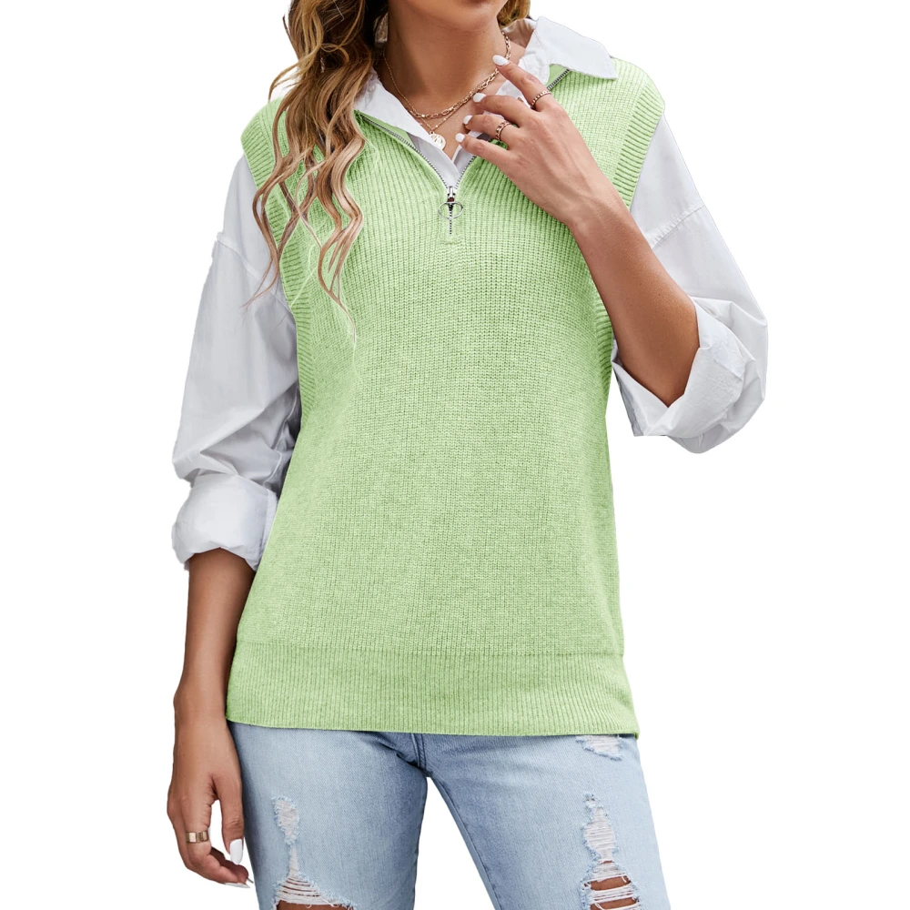 Women Knitted Vest Quarter Zip Turn Down Collar Sleeveless Pure Color Loose Stretchy Vest Sweater Green L