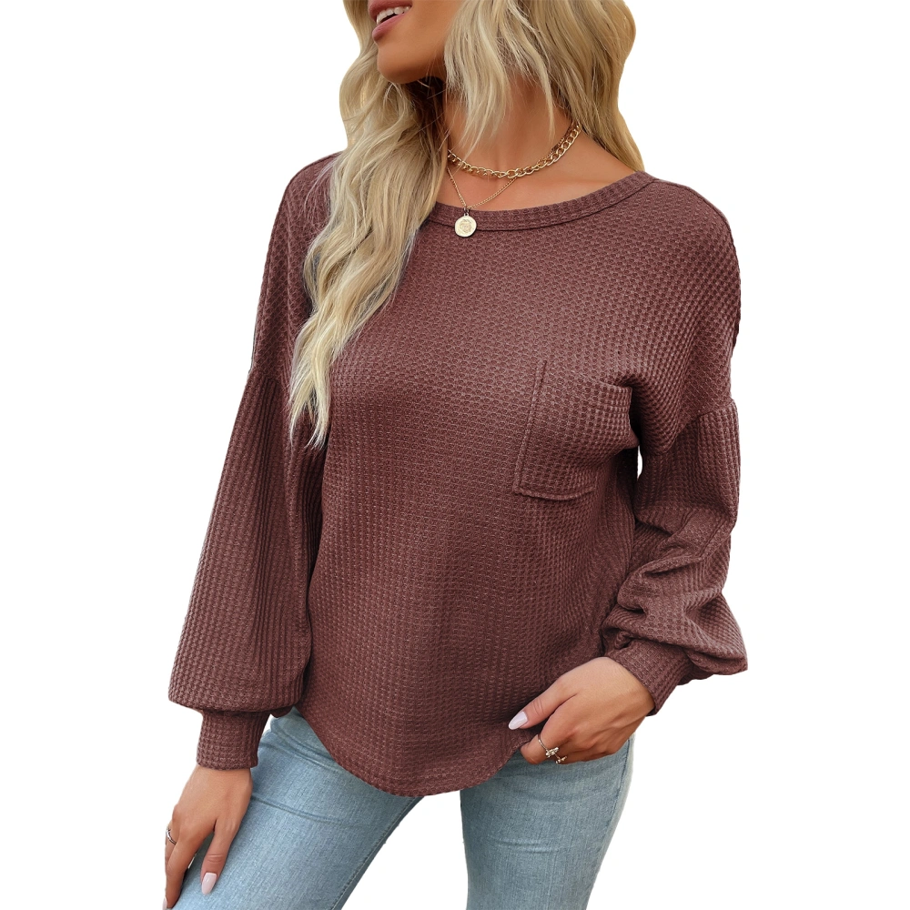 Women Tee Top Lantern Sleeves Criss Cross V Back Front Crewneck Pure Color Pullover Shirt for Lady Female with Chest Pocket Rose Wood S