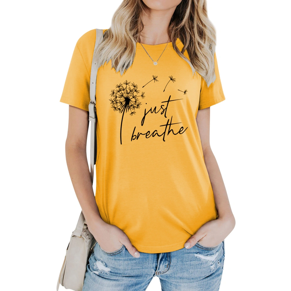 Short Sleeved Blouse Round Neck Letter Printed Fashionable Elegant Casual Short Sleeved Blouse Yellow (Black Font) XXL