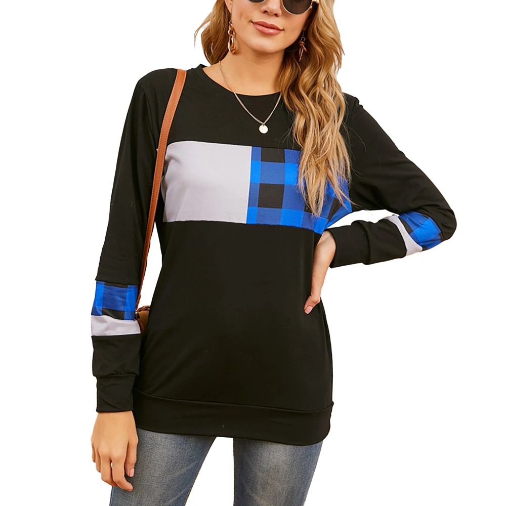 Women Long Sleeved T Shirt Crew Neck Plaid Patchwork Tight Cuffs Loose Pullover Shirt Sweatshirt for Party Work Travel Blue Plaid XL