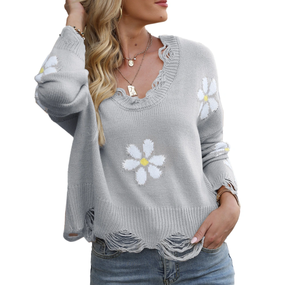 Drop Shoulder Sweater Floral Print Long Sleeve Loose Casual V Neck Sweater for Women Grey L