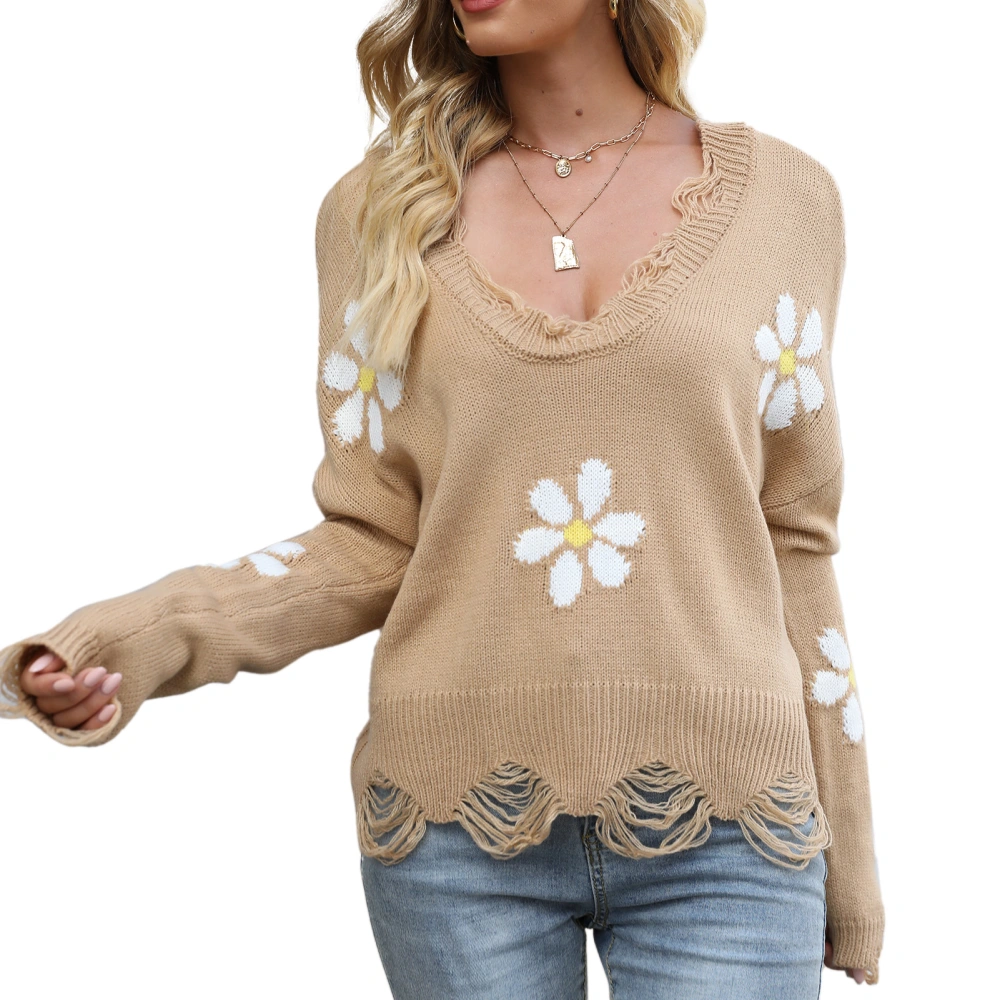 Drop Shoulder Sweater Floral Print Long Sleeve Loose Casual V Neck Sweater for Women Light Tan S