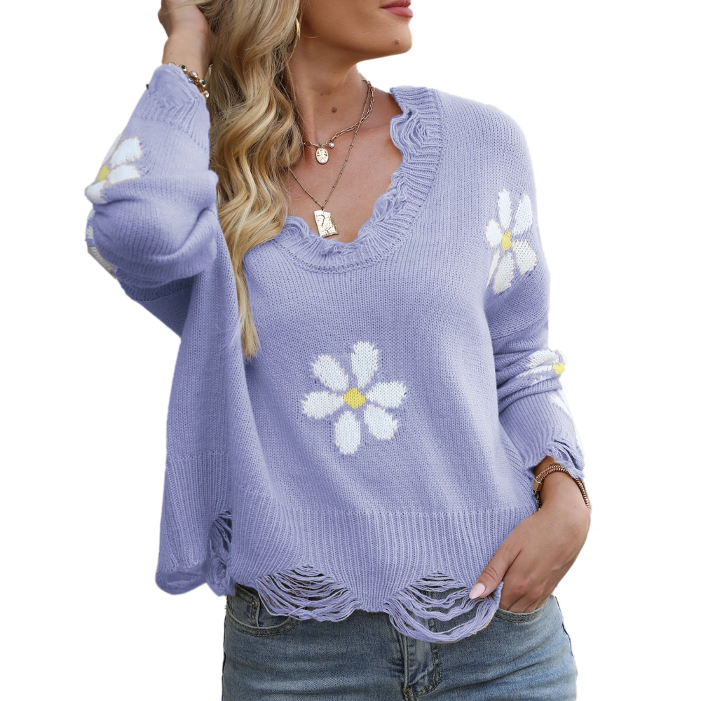 Drop Shoulder Sweater Floral Print Long Sleeve Loose Casual V Neck Sweater for Women Purple S