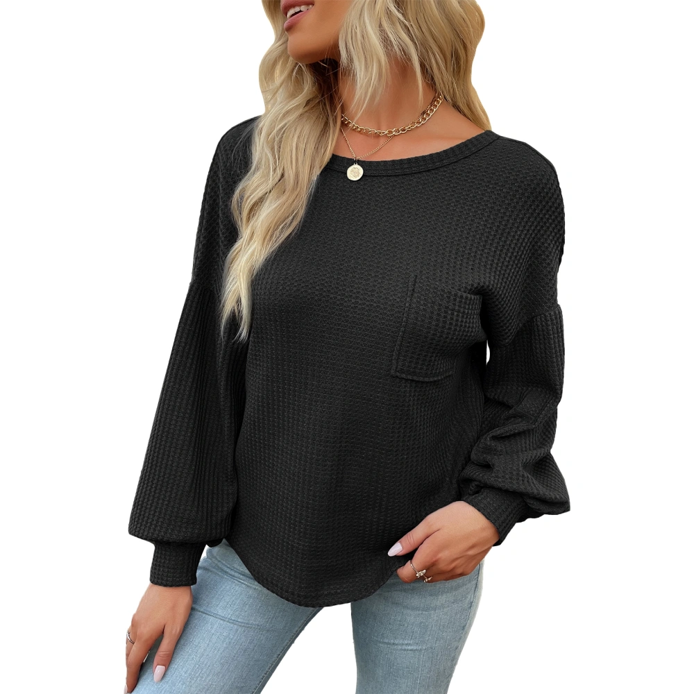 Women Tee Top Lantern Sleeves Criss Cross V Back Front Crewneck Pure Color Pullover Shirt for Lady Female with Chest Pocket Black M