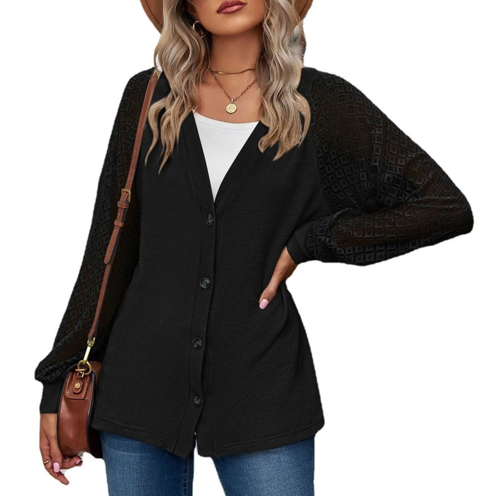 Women V Neck Outwear Top Lace Splicing Long Sleeves Single Breasted Closure Pure Color Casual Surcoat Black XL