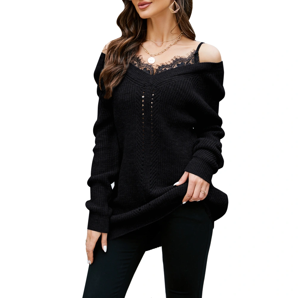 Women Off Shoulder Long Sleeve Sweater Stylish Loose Lace Stitching Halter Tops Backless Women V Neck Pullover Tops Black L