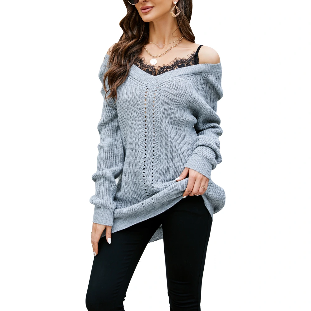 Women Off Shoulder Long Sleeve Sweater Stylish Loose Lace Stitching Halter Tops Backless Women V Neck Pullover Tops Gray S