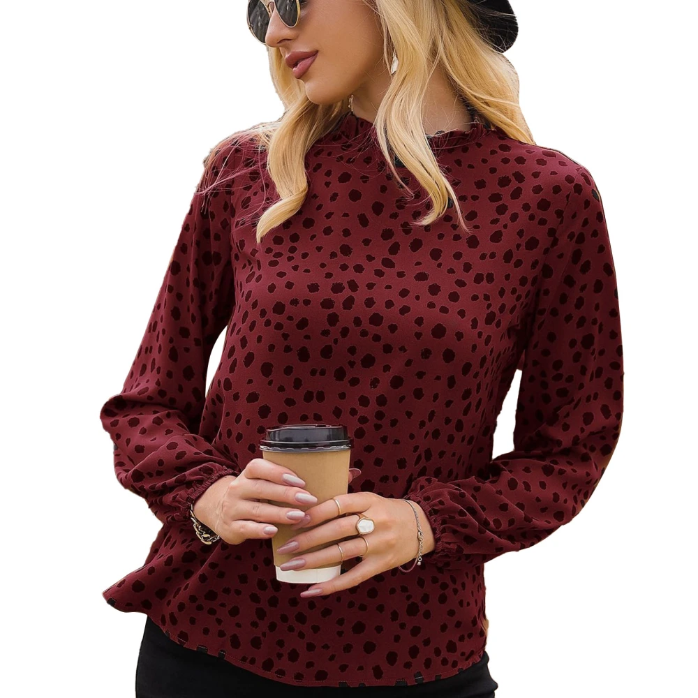 Women Blouse Fashion Polka Dot Round Neck Long Sleeve Frill Trim Polyester Top Clothing Red S