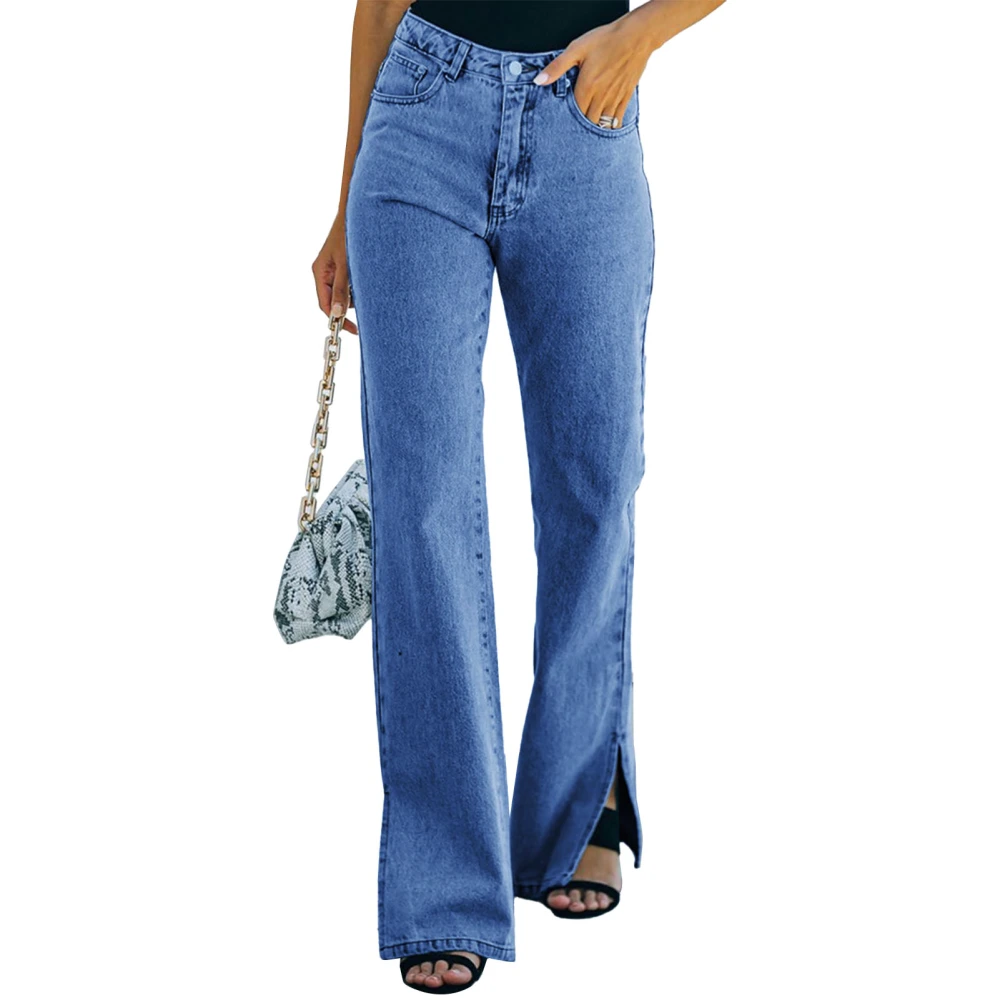 Vintage Split Trousers with Two Pockets Classic Simple Retro Slim Side Split Pants for Women Dark Blue L