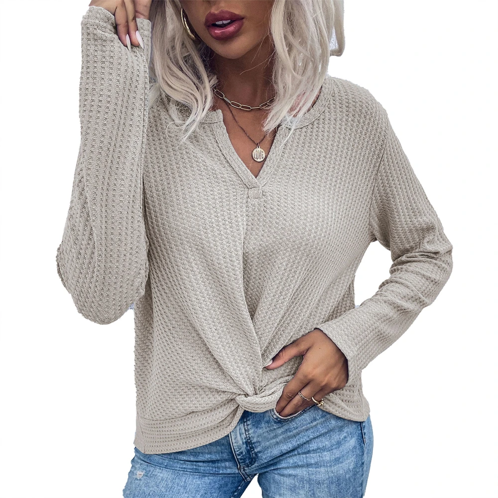 Women Top Knitted Twist Hem Long Sleeve Pure Color Casual V Neck Loose Fall Pullover Beige L