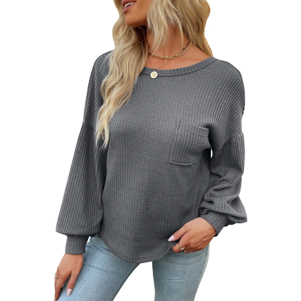 Women Tee Top Lantern Sleeves Criss Cross V Back Front Crewneck Pure Color Pullover Shirt for Lady Female with Chest Pocket Dark Gray S