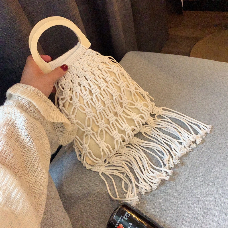 Women's woven wooden straw cotton bag