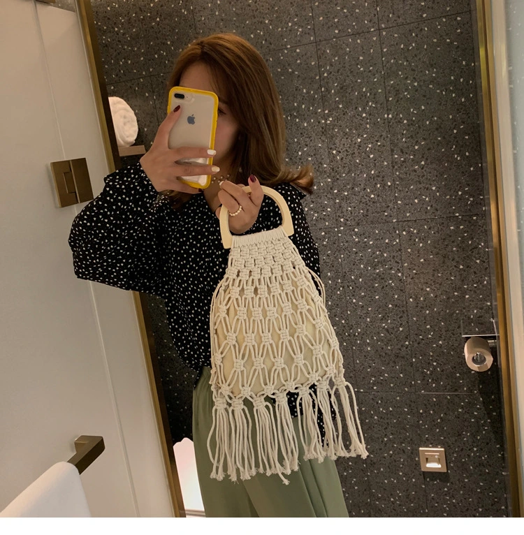 Women's woven wooden straw cotton bag