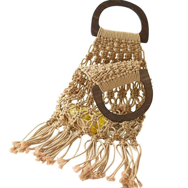 Women's woven wooden straw cotton bag