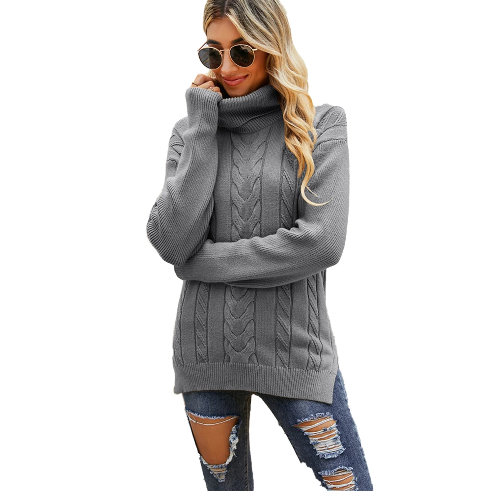 Women Turtleneck Sweater Solid Color Knitwear Retro Warm Keeping for Fall Winter Gray S