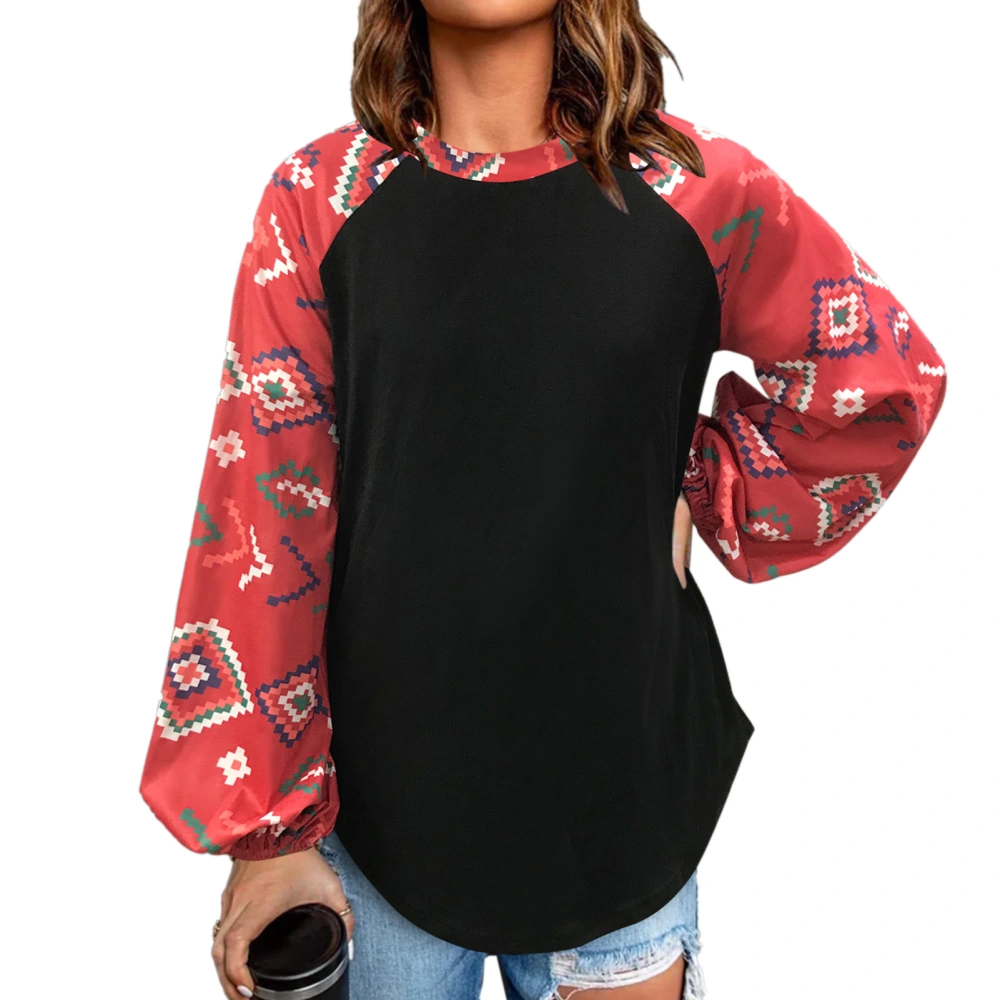 Women Sweatshirt Lantern Long Sleeve Crewneck Curved Hem Patchwork Printed Loose Pullover Top Black XL