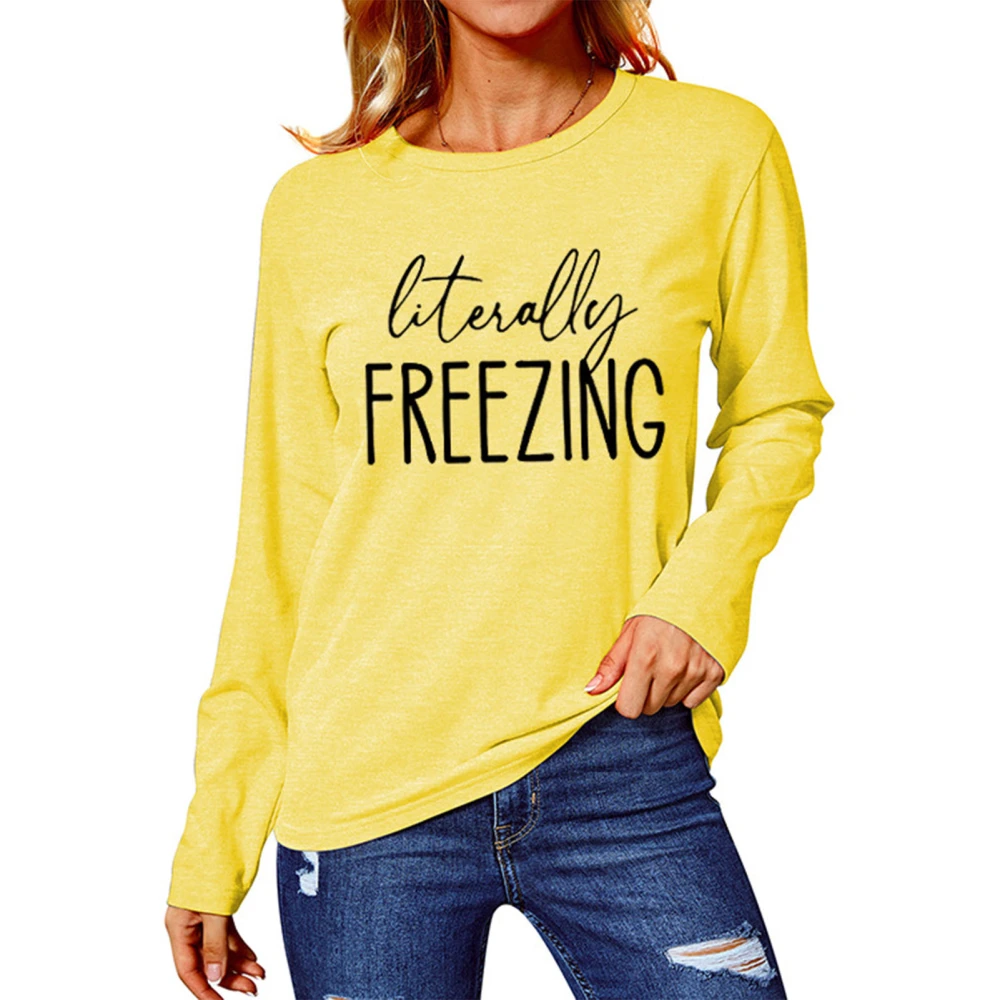 Women Long Sleeves T Shirts Round Neck Letters Printing Loose Type Casual Top for Daily Wear Yellow Color Black Words XXL