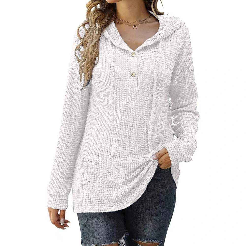 Women Pullover Hoodie Knitted Button Front Pure Color Drawstring Loose Breathable Sweater White M