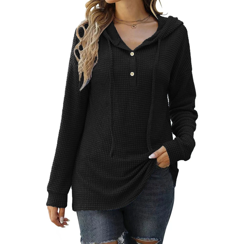 Women Pullover Hoodie Knitted Button Front Pure Color Drawstring Loose Breathable Sweater Black M