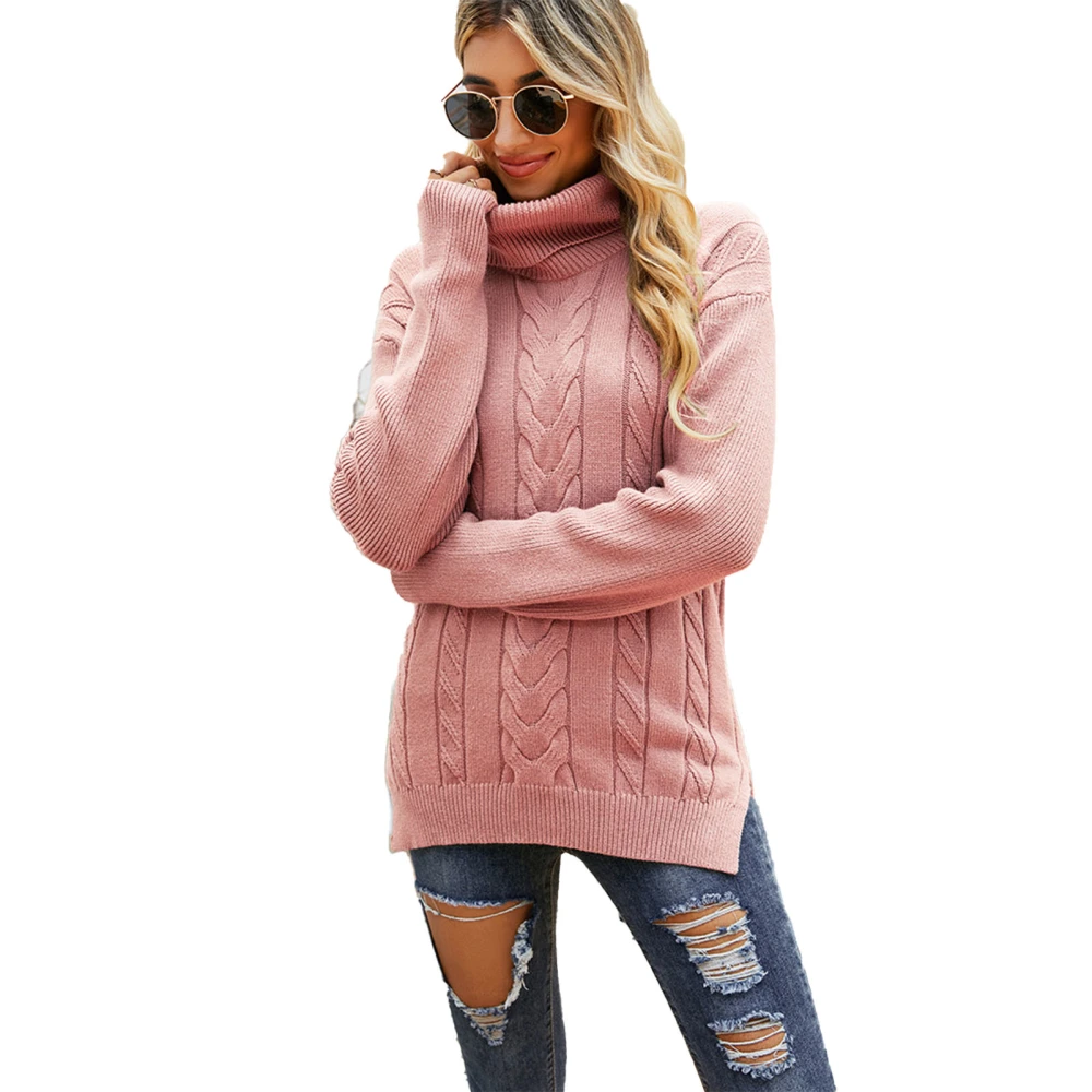 Women Turtleneck Sweater Solid Color Knitwear Retro Warm Keeping for Fall Winter Pink XL