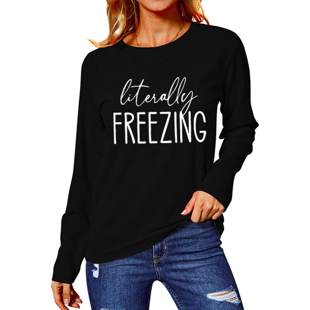 Women Long Sleeves T Shirts Round Neck Letters Printing Loose Type Casual Top for Daily Wear Black Color White Words S