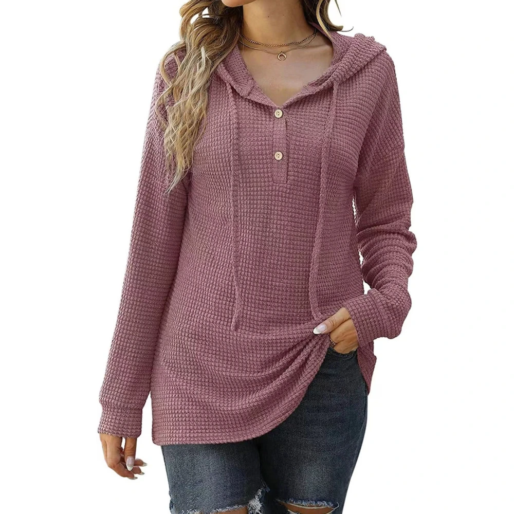 Women Pullover Hoodie Knitted Button Front Pure Color Drawstring Loose Breathable Sweater Dark Red L