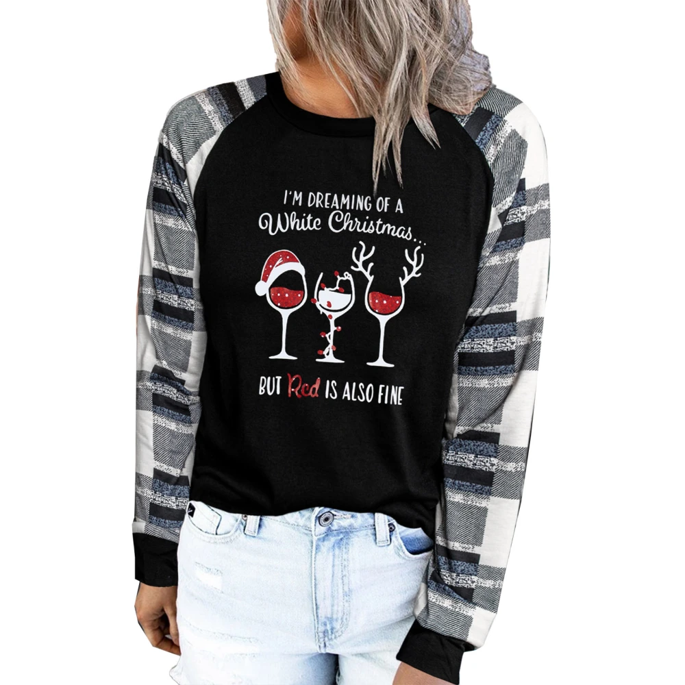 Long Sleeves Sweatshirt Loose Round Neck Plaid Print Color Stitching Christmas Pattern Casual Pullover for Autumn Winter White XXL