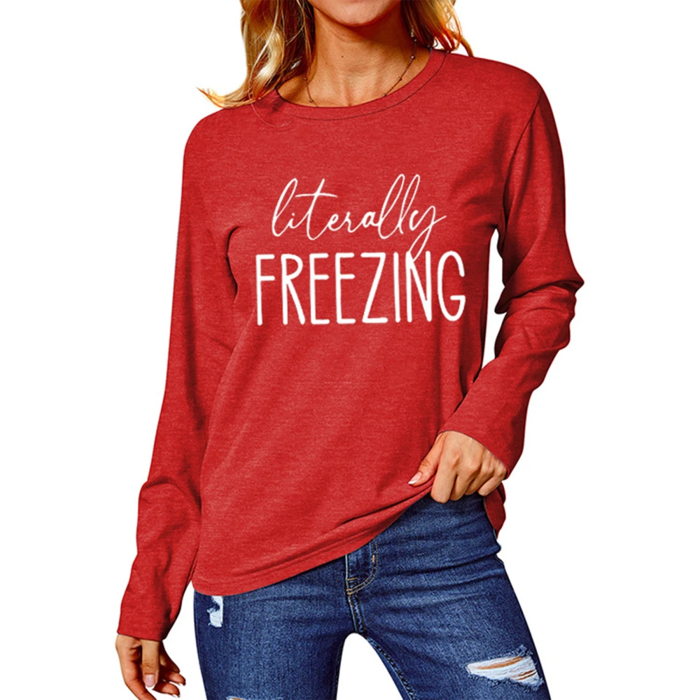 Women Long Sleeves T Shirts Round Neck Letters Printing Loose Type Casual Top for Daily Wear Red Color White Words L