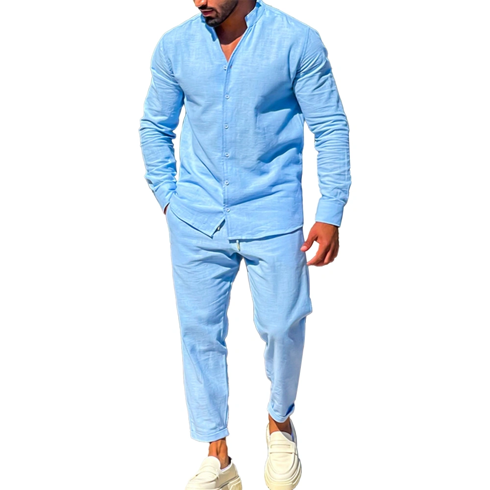 Men Long Sleeve Outfit Stand Up Collar V Neck Casual Comfortable Pure Color Soft Polyester T Shirts and Pants Blue 3XL