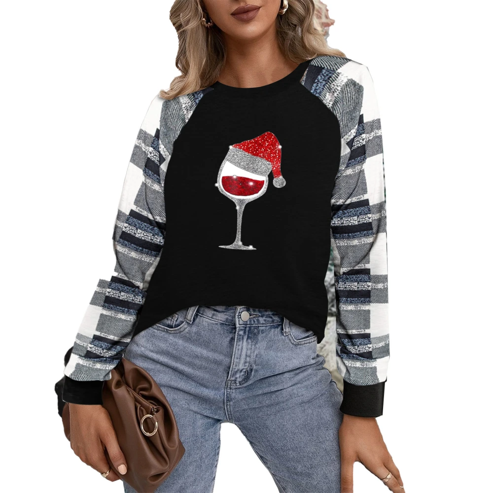 Long Sleeves Sweatshirt Loose Round Neck Plaid Print Color Stitching Christmas Pattern Casual Pullover for Autumn Winter Red M