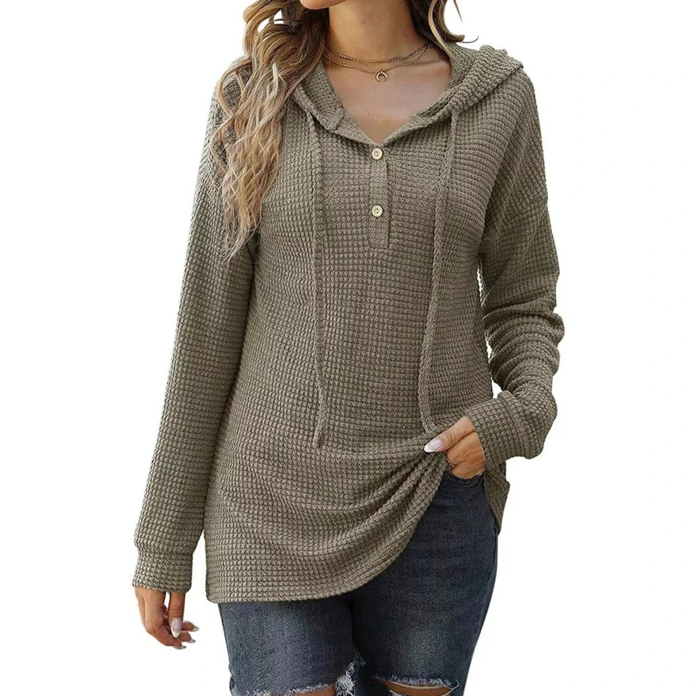 Women Pullover Hoodie Knitted Button Front Pure Color Drawstring Loose Breathable Sweater OD Green M